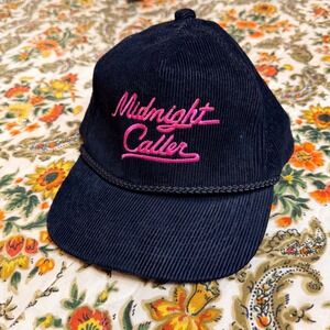 VTG 1980s Midnight Caller Corduroy Hat Black Pink Embroidered Rope Cap